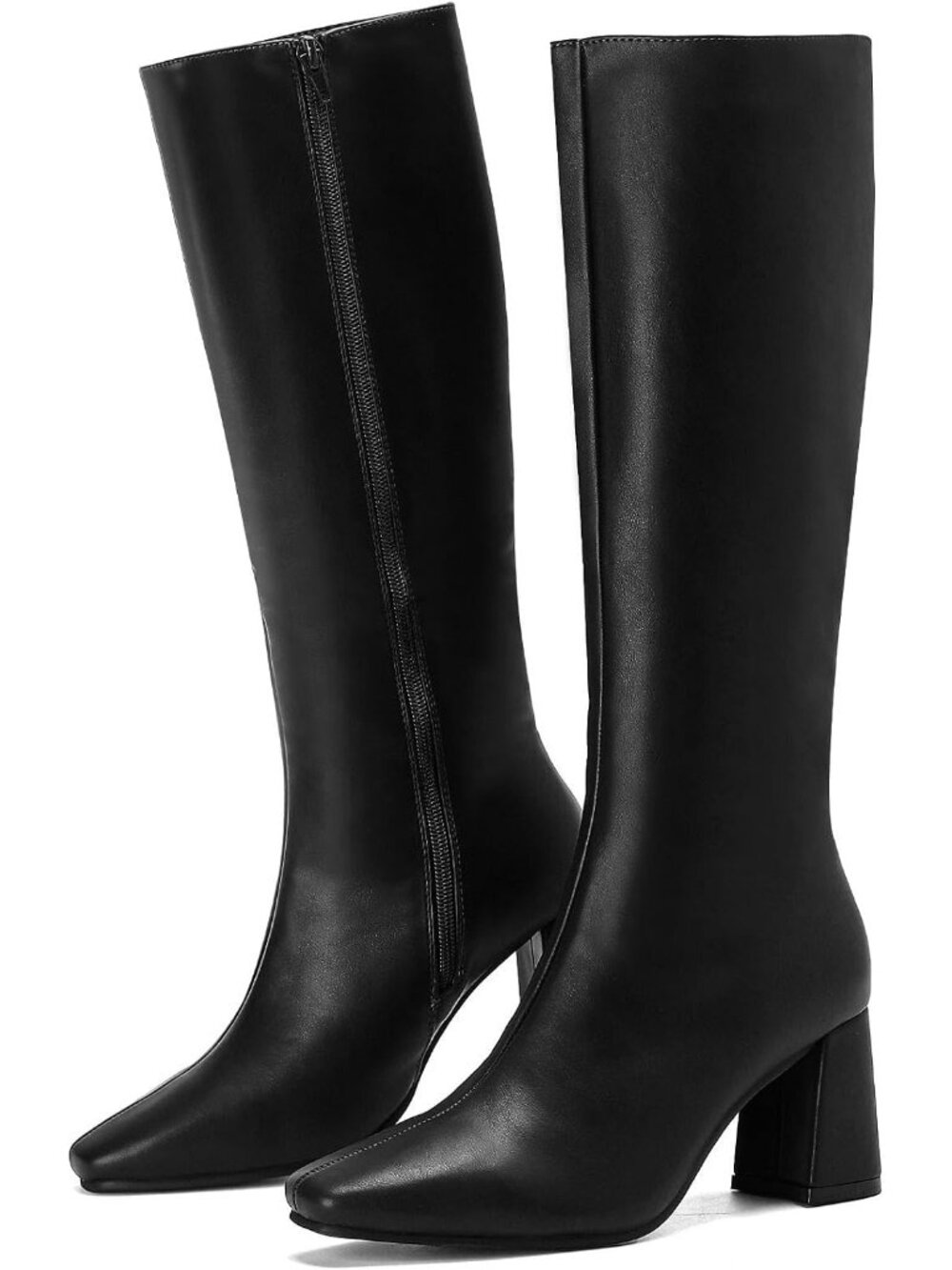 Women's Black Square Toe High Stiletto Heel Slouchy Putu Knee High Dress Boots